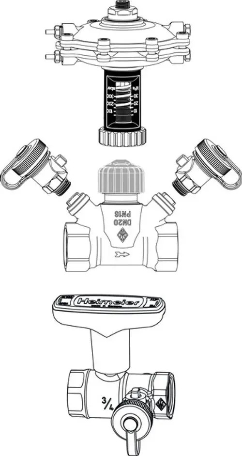 Mehrteiliger Druckregler mit verschiedenen Anschlüssen, Entleerungseinrichtung und Skala zur Druckmessung von IMI Hydronic Engineering.